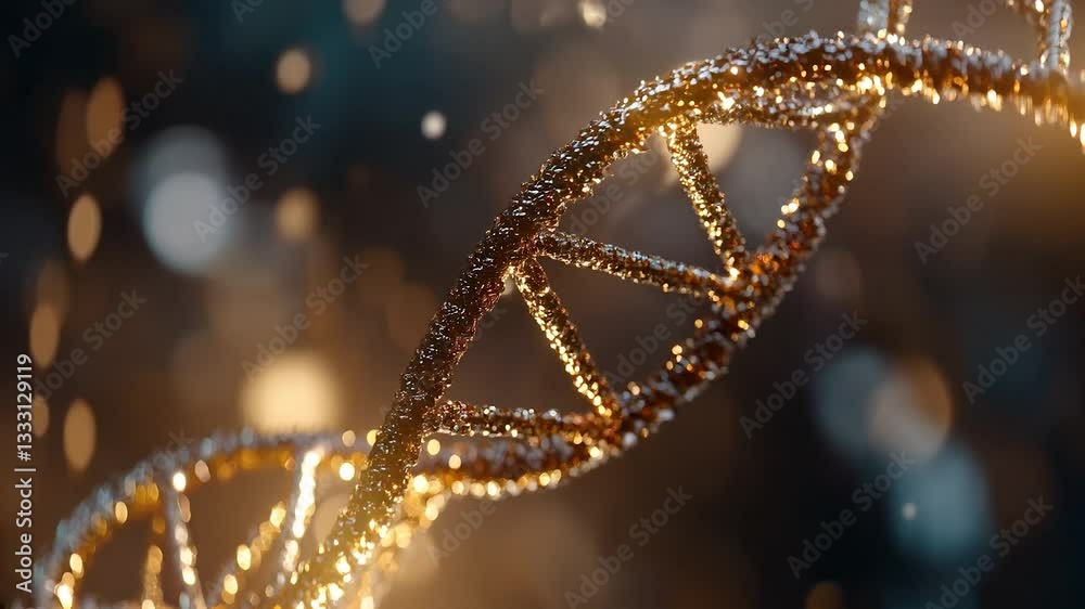 Golden glowing single strand of DNA in motion Golden glowing single strand of DNA in motion