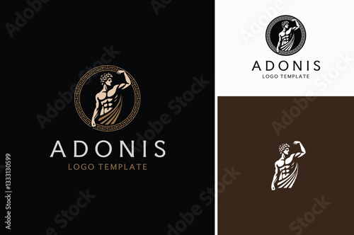Muscular Handsome Adonis Mythical God with circular Greek key fret meander pattern frame border classic logo design