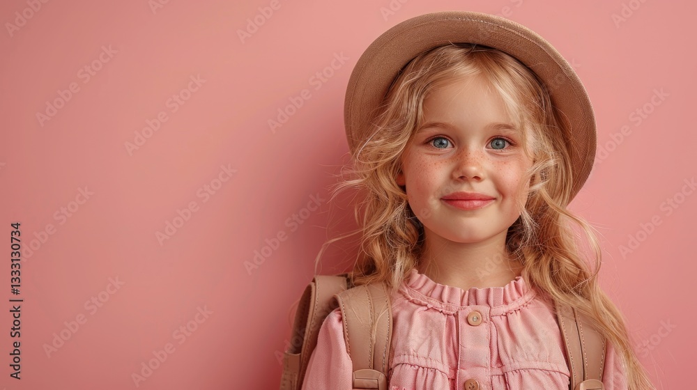 Child in hat, pink background, backpack, happy expression Child in hat, pink background, backpack, happy expression