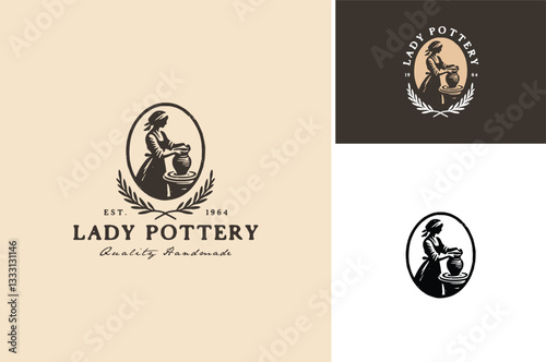 Vintage French woman silhouette making a Handmade Antique Clay Pottery with Laurel Wreath or Wheat rustic drawing label logo design