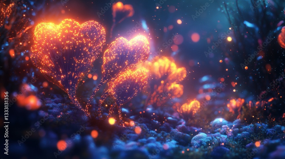 Bioluminescent Heart-Shaped Plants Illuminating Underwater World Bioluminescent Heart-Shaped Plants Illuminating Underwater World