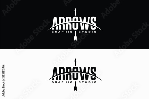 Word Mark Lettering of Arrows with Bow for Archer Archery Game Sport logo design