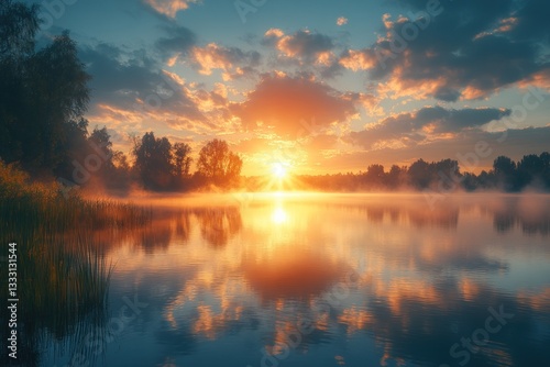Serene sunrise over misty lake, tranquil landscape