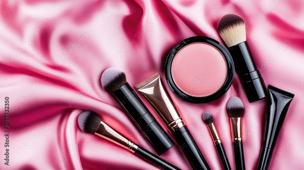 A flat lay of a beauty vanity setup with high-end makeup items arranged on a silky pink fabric background