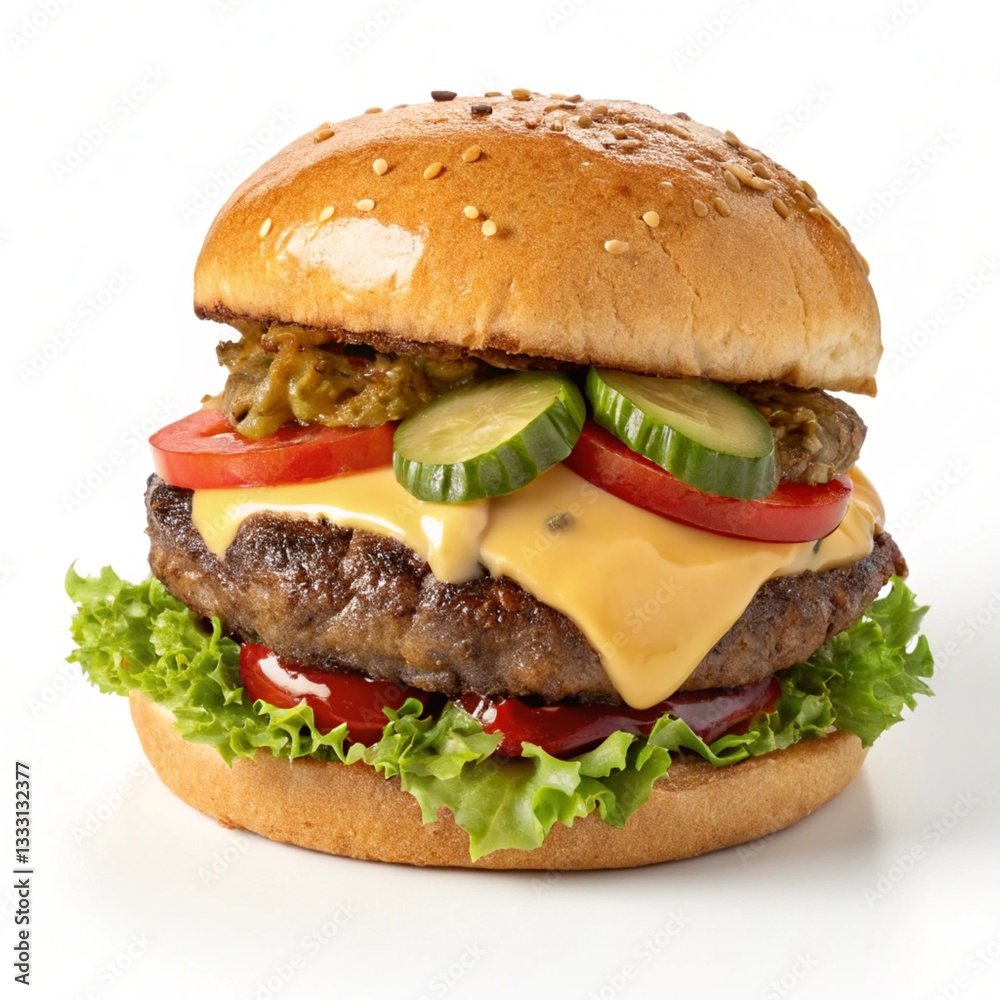 Elk Burger with Juicy Wild Game Meat Lettuce and Cheese Isolated on White Background Gourmet Burger Perfect for Menu Design and Food Advertising Elk Burger with Juicy Wild Game Meat Lettuce and Cheese Isolated on White Background Gourmet Burger Perfect for Menu Design and Food Advertising