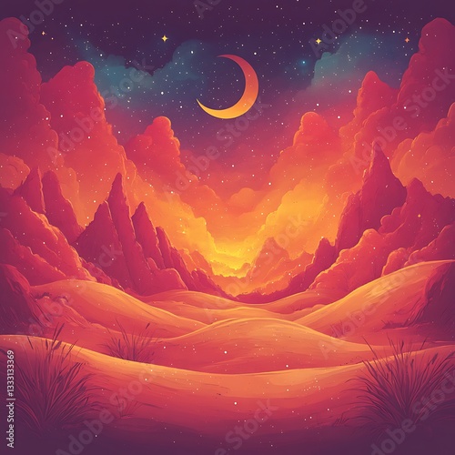 Desert Sunset for Crescent Moon, Starry Night.