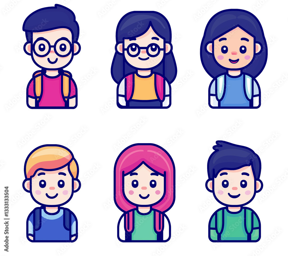 Iconos o avatares sobre fondo transparente representando a distintos estilos de personas o niños en la escuela o colegio Iconos o avatares sobre fondo transparente representando a distintos estilos de personas o niños en la escuela o colegio