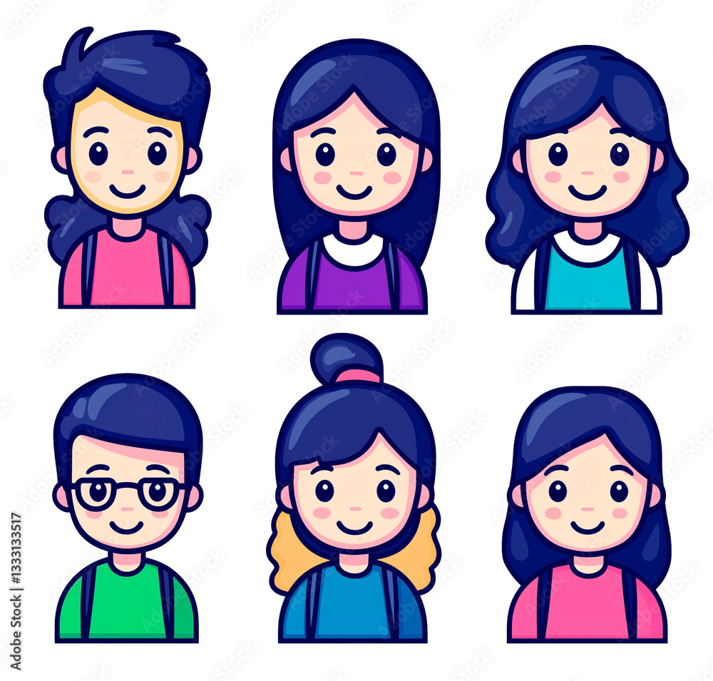 Iconos o avatares sobre fondo transparente representando a distintos estilos de personas o niños en la escuela o colegio Iconos o avatares sobre fondo transparente representando a distintos estilos de personas o niños en la escuela o colegio