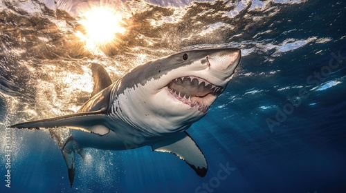 A great white shark lunging upward toward the surface, framed against the sunlit water above