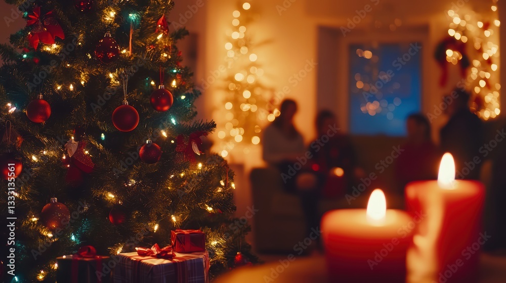 Lit candles adorn a Christmas tree with people gathered in the background, celebrating the holiday spirit. Lit candles adorn a Christmas tree with people gathered in the background, celebrating the holiday spirit.