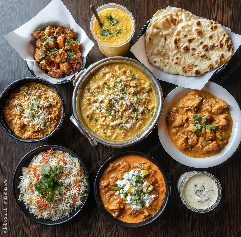 A Vibrant and Flavorful Indian Feast Featuring Various Dishes Including Butter Chicken, Lentil Curry, Biryani Rice, Naan Bread, and Refreshing Drink A Vibrant and Flavorful Indian Feast Featuring Various Dishes Including Butter Chicken, Lentil Curry, Biryani Rice, Naan Bread, and Refreshing Drink