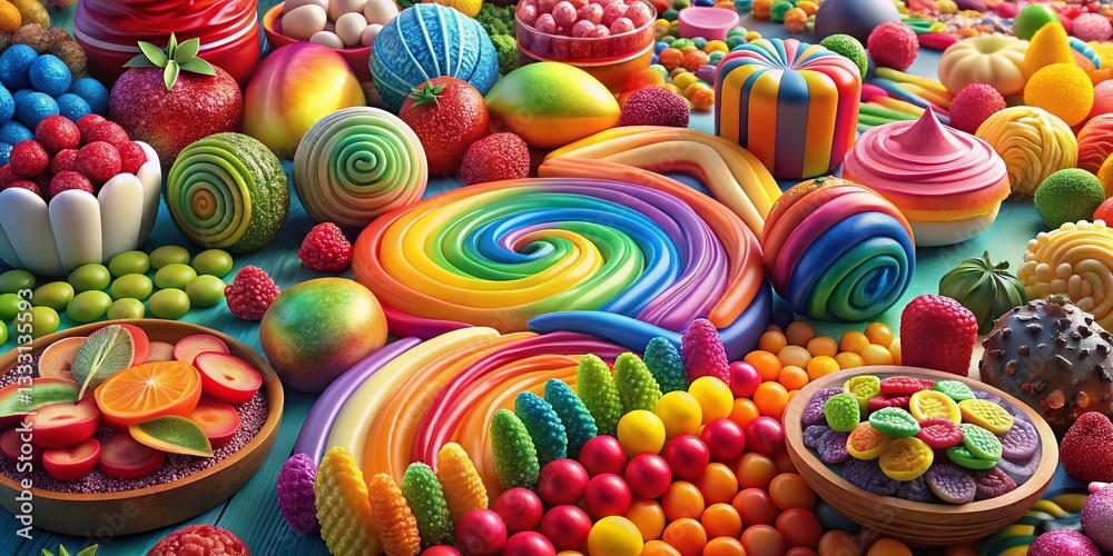 Vibrant Rainbow 3D Rendered Food Still Life: Colorful Candy, Fruit & Sweets Vibrant Rainbow 3D Rendered Food Still Life: Colorful Candy, Fruit & Sweets