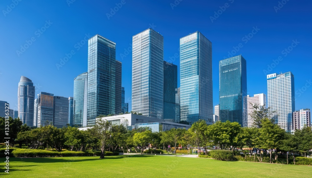 City skyline with tall buildings overlooking a lush green lawn in the foreground. City skyline with tall buildings overlooking a lush green lawn in the foreground.