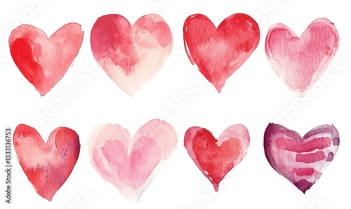 Watercolor painted hearts in shades of red and pink hues