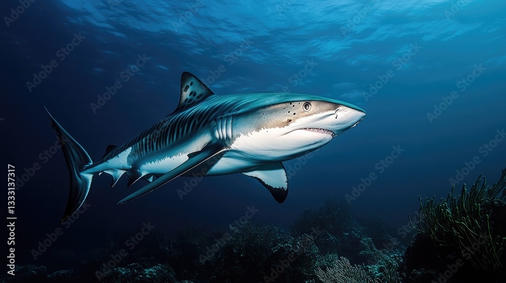 Obraz premium A majestic tiger shark patrolling the deep ocean, its striped body illuminated by soft underwater light
