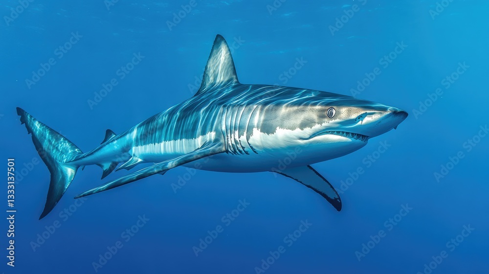 Naklejka premium A mako shark swimming at high speed, its streamlined body reflecting the light from the deep blue sea