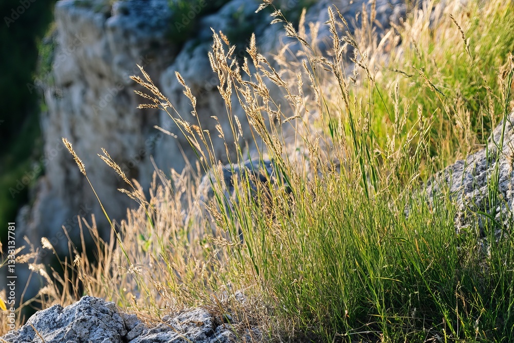 Golden Grass Blades on Rocky Cliffside Summer Nature Scene Vibrant Green Lush Meadow Sunlight Meadow Grassland Plants Wildflowers Botanical Golden Grass Blades on Rocky Cliffside Summer Nature Scene Vibrant Green Lush Meadow Sunlight Meadow Grassland Plants Wildflowers Botanical