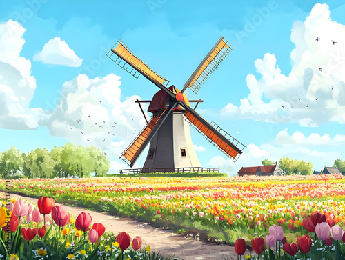 Traditional windmill on a Dutch countryside, tulip fields in full bloom, and a clear blue sky
