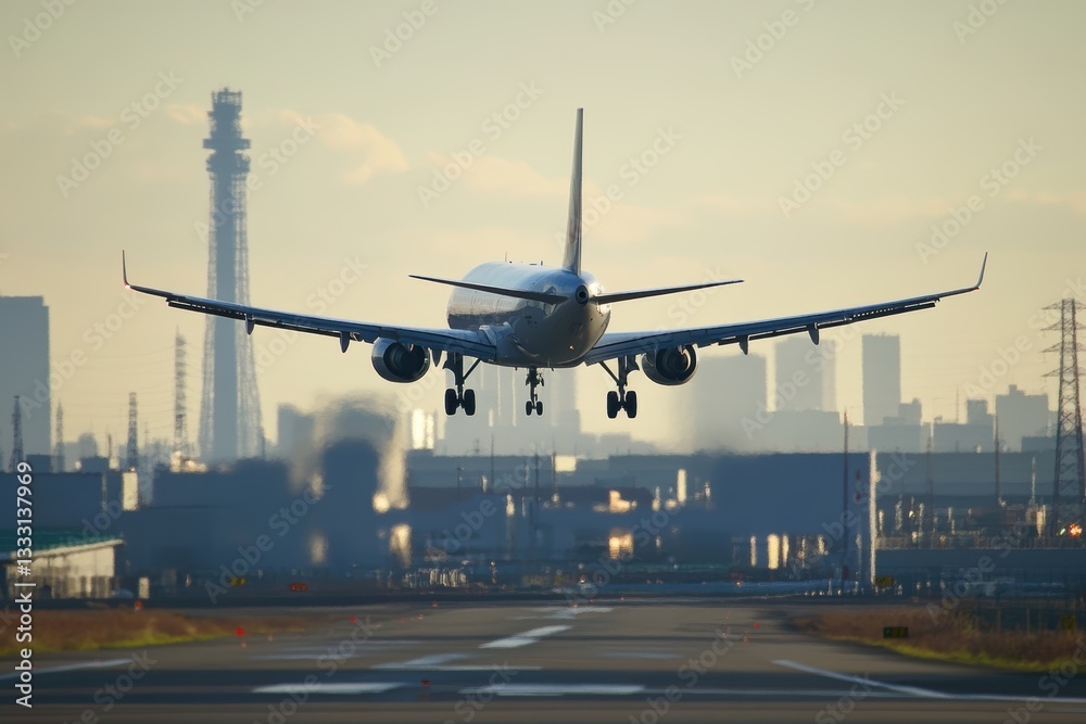 Airplane landing on runway with a city skyline in the background. Airplane landing on runway with a city skyline in the background.