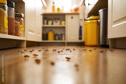 Infestation of Cockroaches on Kitchen Floor Amidst Food Containers