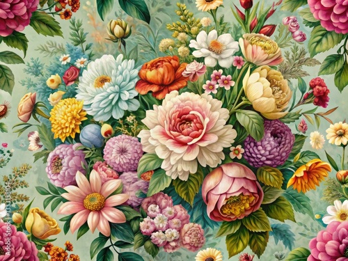 Wallpaper Mural Vintage Floral Wallpaper, Botanical Flower Bunch, Fantasy Floral Print, Beautiful Digital Background, Retro Flower Design Torontodigital.ca
