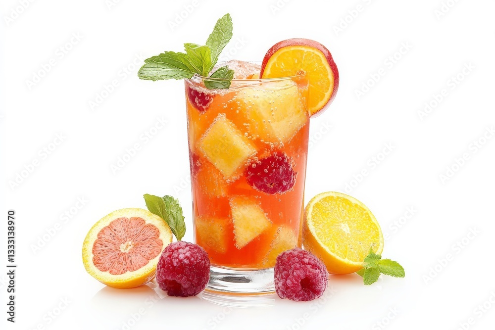 Fototapeta premium a glass filled with fruit and ice cutout for summer beach cocktail club party flyer design isolated on white background
