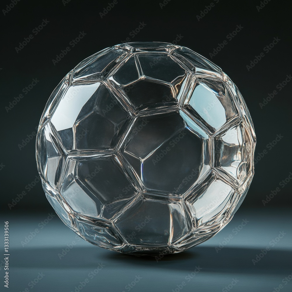 Naklejka premium Crystal Soccer Ball Sculpture on Dark Background with Reflection