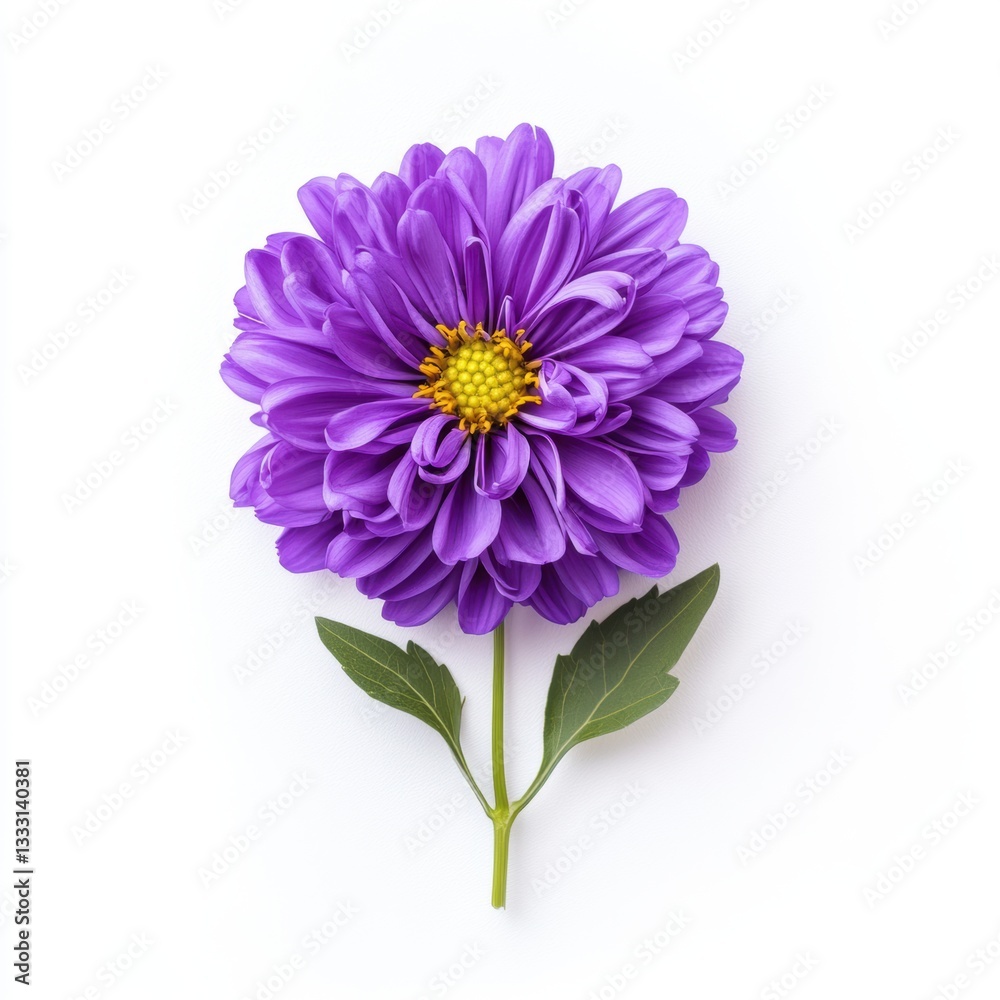 A vibrant purple flower with green leaves set against a clean white background for creative use. A vibrant purple flower with green leaves set against a clean white background for creative use.