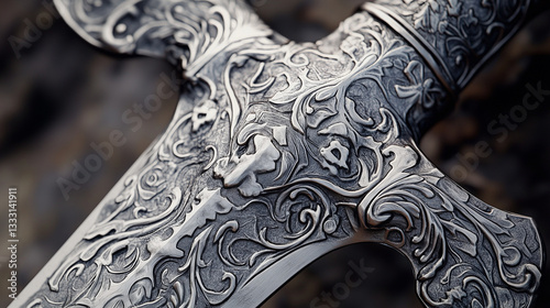 A close-up of the intricate engravings on a knightâs lance, symbolizing honor and courage.