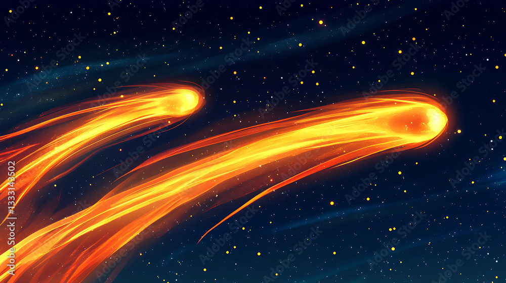 Fototapeta premium Two fiery comets streaking across a starry night sky, illuminating the dark cosmos with vibrant trails