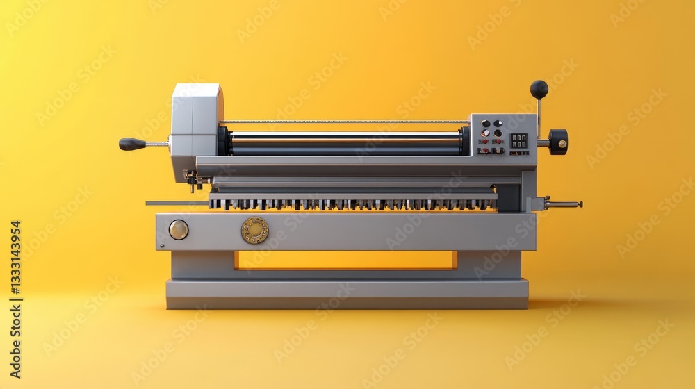 A stainless steel lathe machine with intricate details, displayed against a rich yellow background A stainless steel lathe machine with intricate details, displayed against a rich yellow background