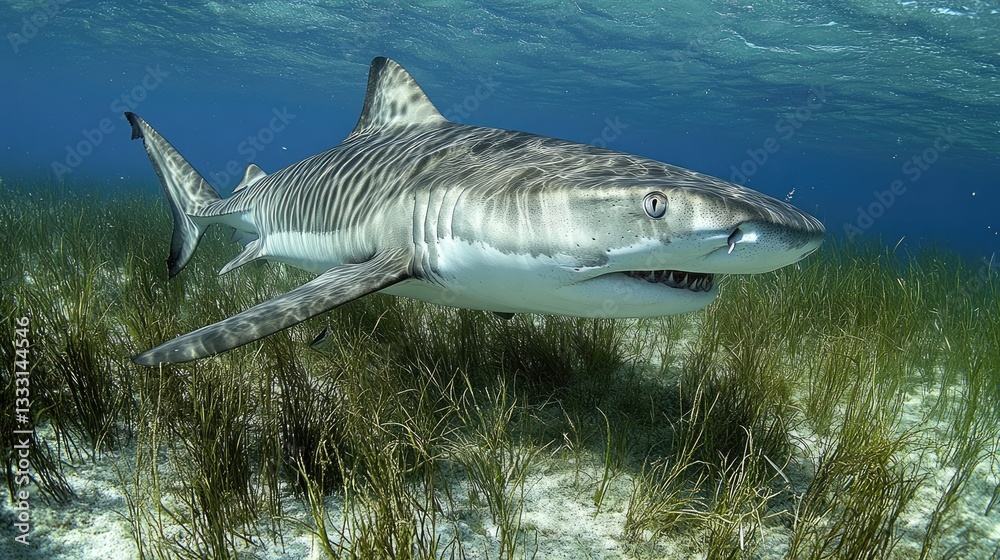 Fototapeta premium A tiger shark lurking near the ocean floor, scanning its surroundings with piercing eyes