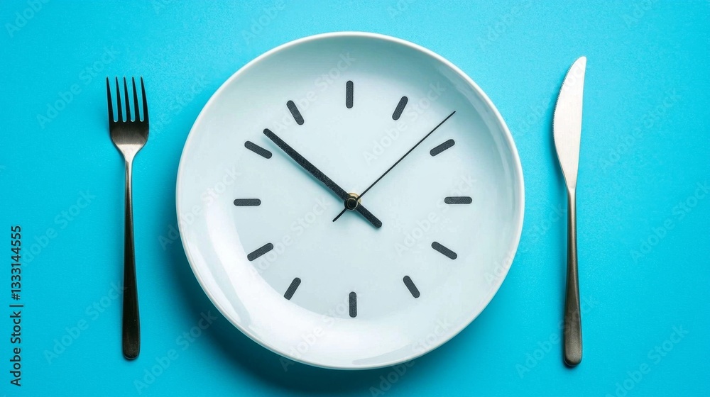 An imaginative depiction of lunch time featuring tableware styled as a clock. An imaginative depiction of lunch time featuring tableware styled as a clock.