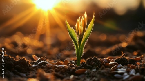 Vibrant growth of flaxseed sprouts highlighted by golden sunlight
