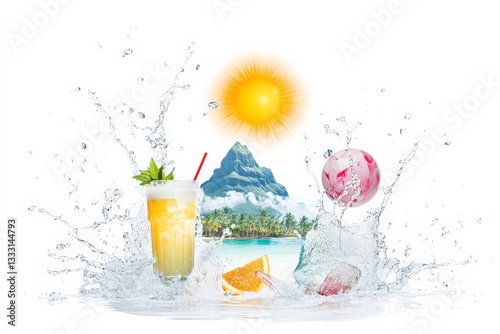 a cocktail with ice and fruit on the beach cutout for summer beach cocktail club party flyer design isolated on white background