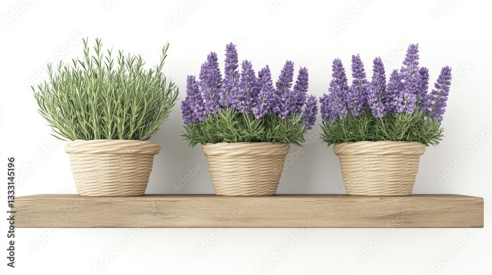 A vertical stack of potted purple flowers arranged artistically on a floating wooden shelf A vertical stack of potted purple flowers arranged artistically on a floating wooden shelf