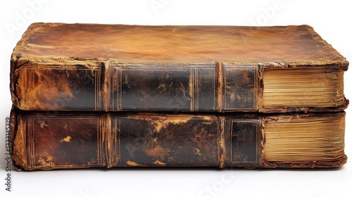 Antique Leather Bound Books Stacked Over White Background