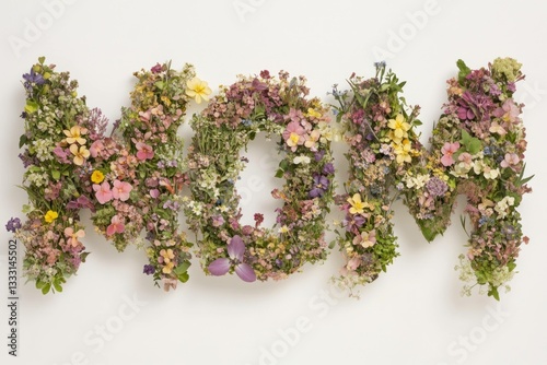 Beautiful floral arrangement spelling MOM in pastel colors, featuring various seasonal flowers Ideal for celebrating Mother s Day and expressing love and appreciation