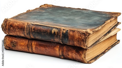 Antique Leather Bound Books with Worn Covers and Yellowed Pages