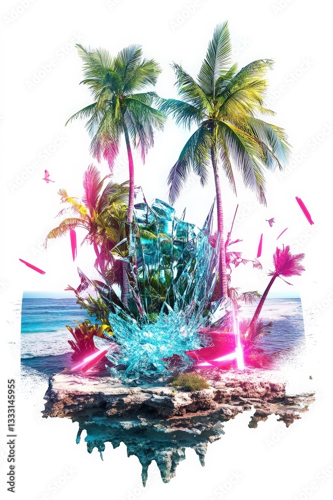 a digital illustration of a tropical island with palm trees and a pink flaming flaming cutout for summer beach cocktail club party flyer design isolated on white background