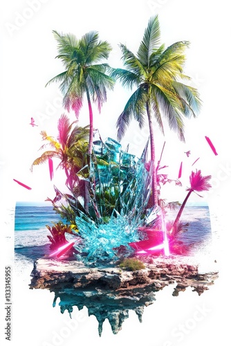 Obraz na płótnie a digital illustration of a tropical island with palm trees and a pink flaming flaming cutout for summer beach cocktail club party flyer design isolated on white background w salonie