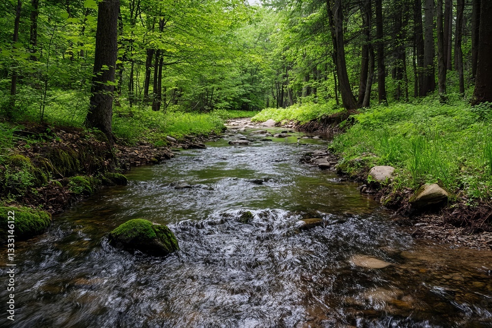 Fototapeta premium Serene Forest Stream Nature Scene Tranquil Water Flowing Through Lush Green Trees Peaceful Woodland Creek Summer Landscape Photography Idyllic River 