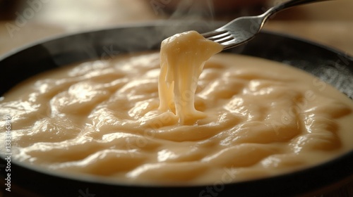 Melted cheese in pan, with a fork pulling a stringy strand