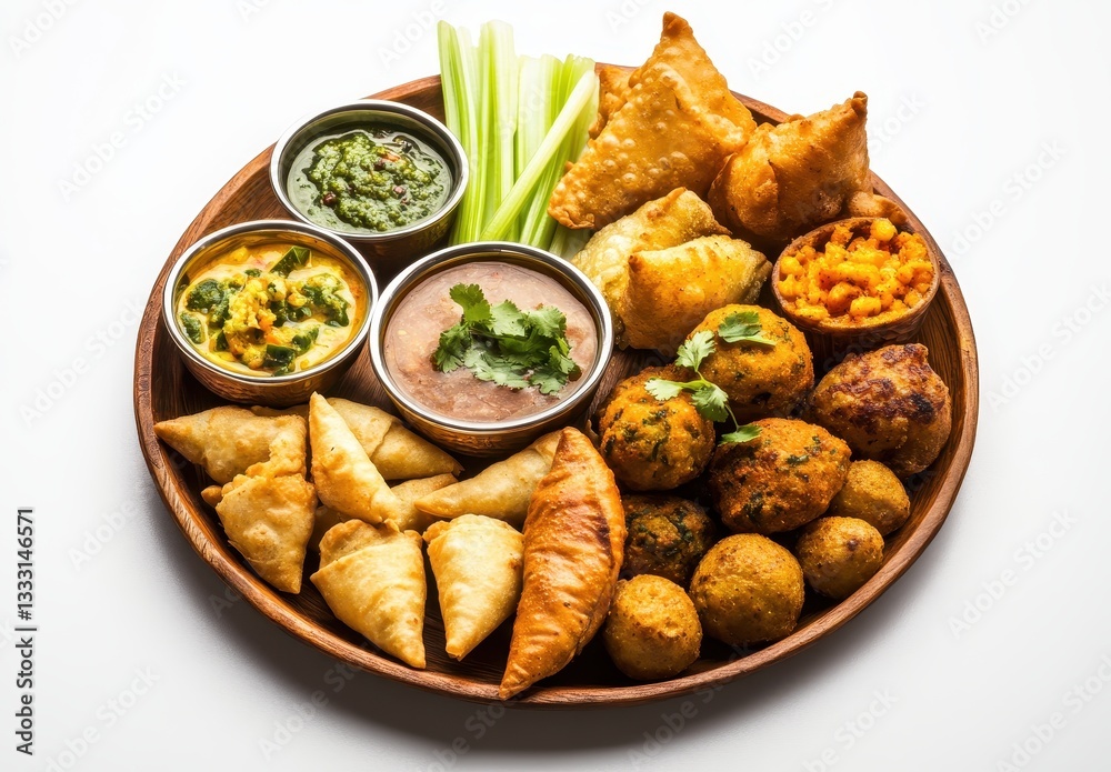 Assorted Indian Snacks Platter with Samosas, Pakoras, Dips, and Spices on a White Background for Culinary or Food Photography Assorted Indian Snacks Platter with Samosas, Pakoras, Dips, and Spices on a White Background for Culinary or Food Photography