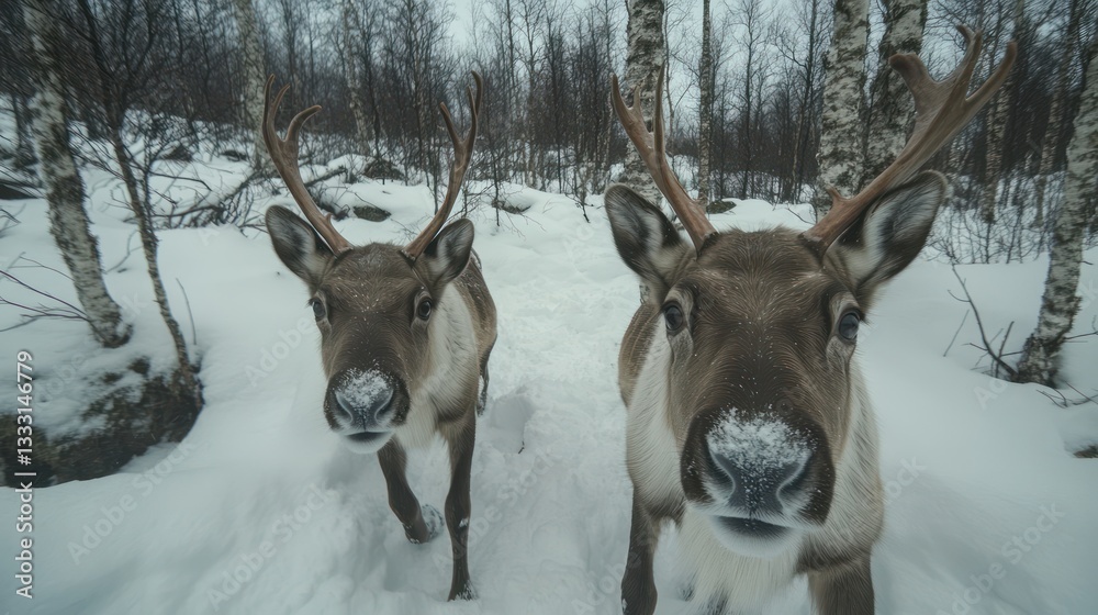 Obraz premium Spotting reindeer in a snowy Nordic landscape