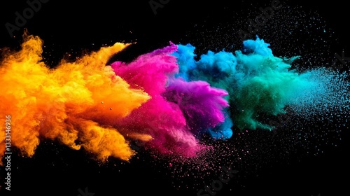 A vibrant explosion of colorful powder against a black background.