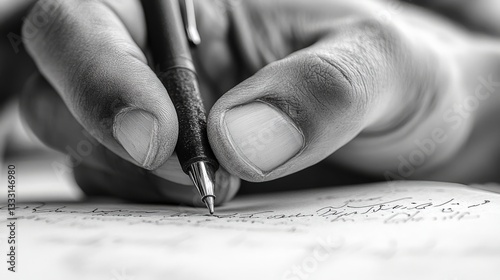 Close-Up of Hand Holding Pen Writing on Blank Paper in Black and White