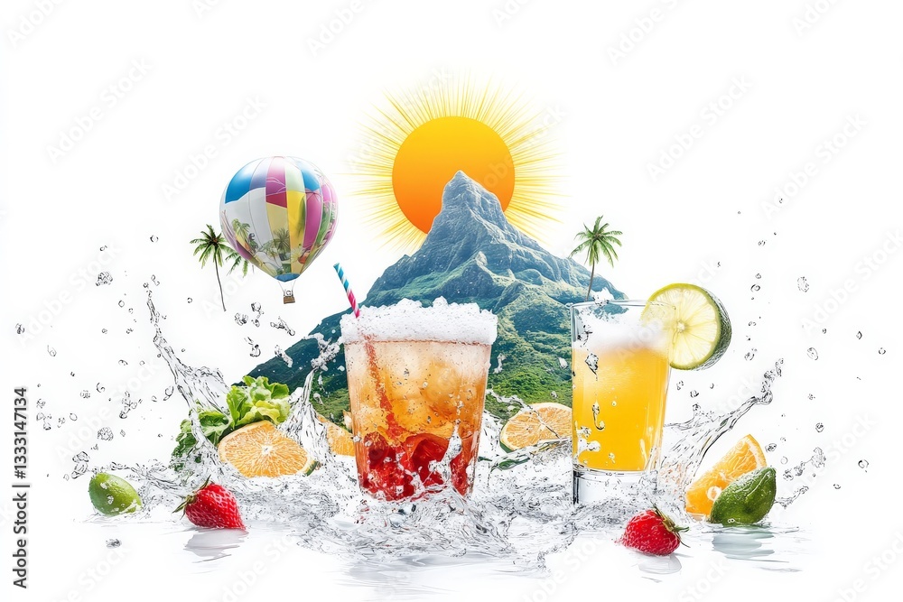 a variety of drinks with splashs and fruits cutout for summer beach cocktail club party flyer design isolated on white background