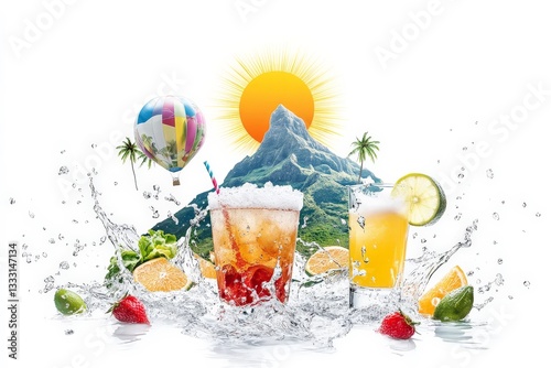 Obraz na płótnie a variety of drinks with splashs and fruits cutout for summer beach cocktail club party flyer design isolated on white background w salonie