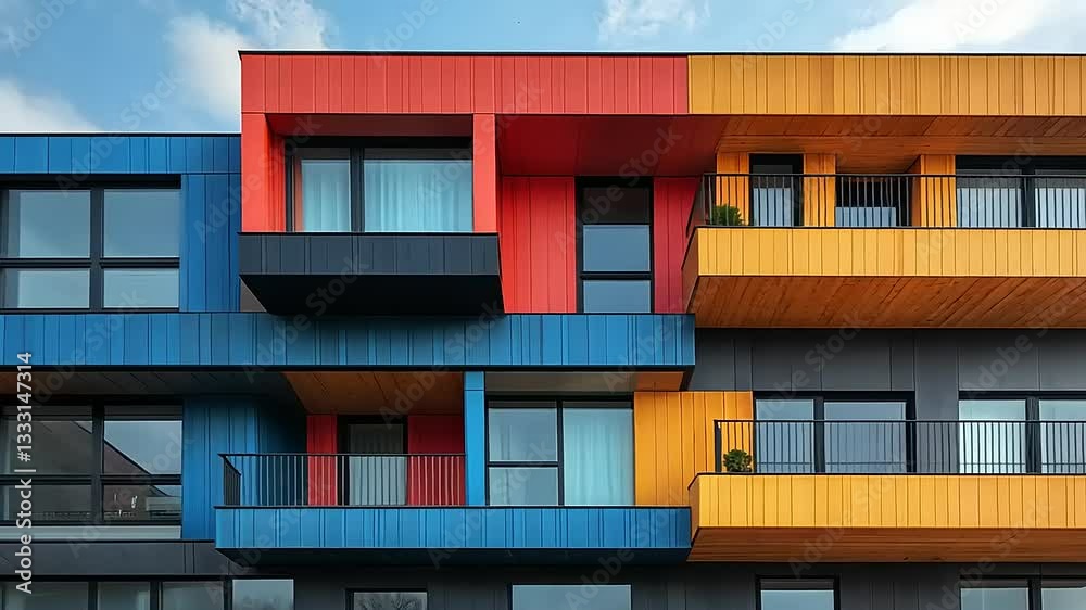 Modern architectural facade featuring vibrant colors and geometric design in an urban setting Modern architectural facade featuring vibrant colors and geometric design in an urban setting